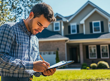 young-man-taking-notes-while-inspecting-a-suburban-house-on-a-bright-sunny-day