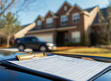 home-assessment-checklist-on-car-hood-clipboard-displaying-a-detailed-evaluation-list-parked-vehicle-in-front-of-residential-property-indicative-of-real-estate-inspection-process